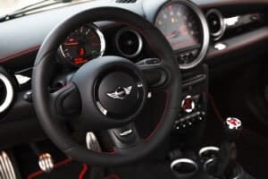 A MINI Cooper car's steering wheel